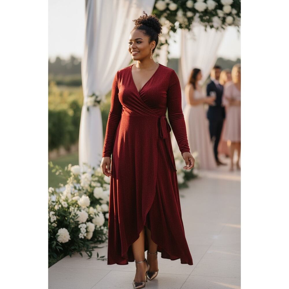 Baltic Born Velvet Wrap Maxi Dress XL Burgundy Shimmer Long Sleeve Formal NWT